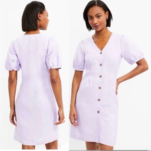 LOFT Orchid Flash Linen Button Front V-Neck Puff Sleeve Dress Size 12 Petite NWT - Picture 9 of 10